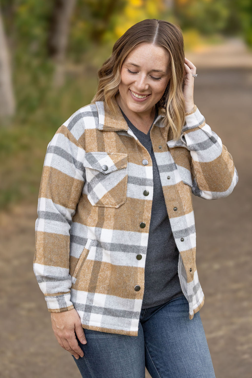 Michelle Mae Norah Plaid Shacket - Camel and Grey