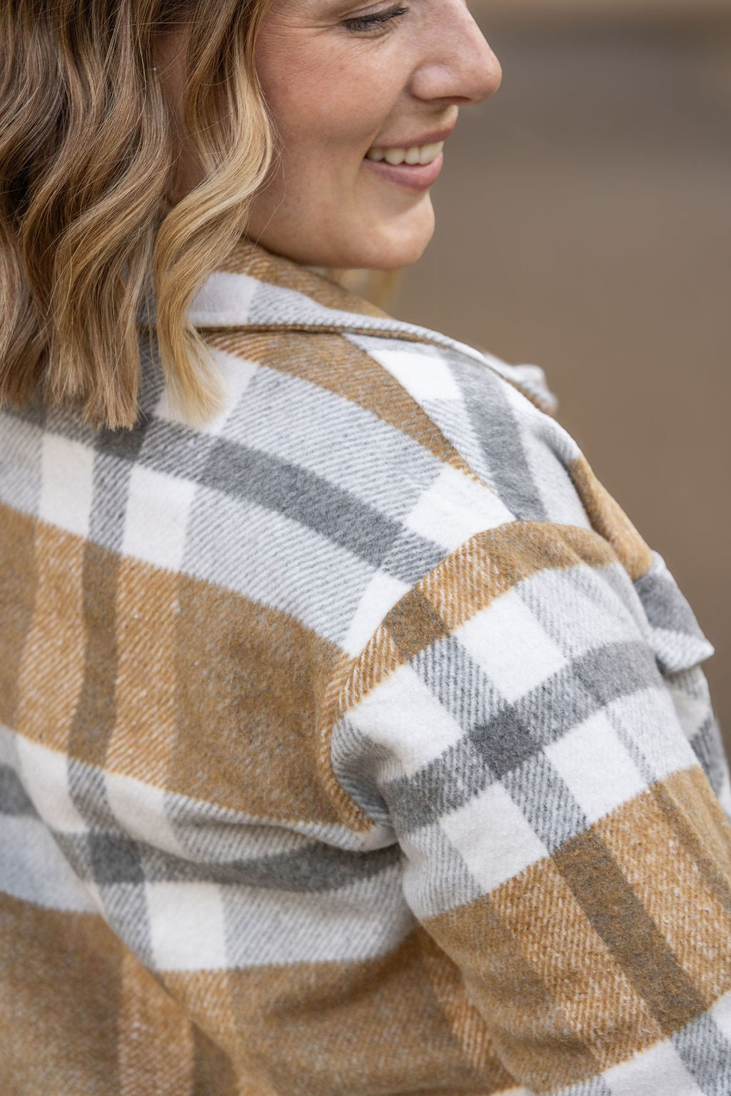 Michelle Mae Norah Plaid Shacket - Camel and Grey