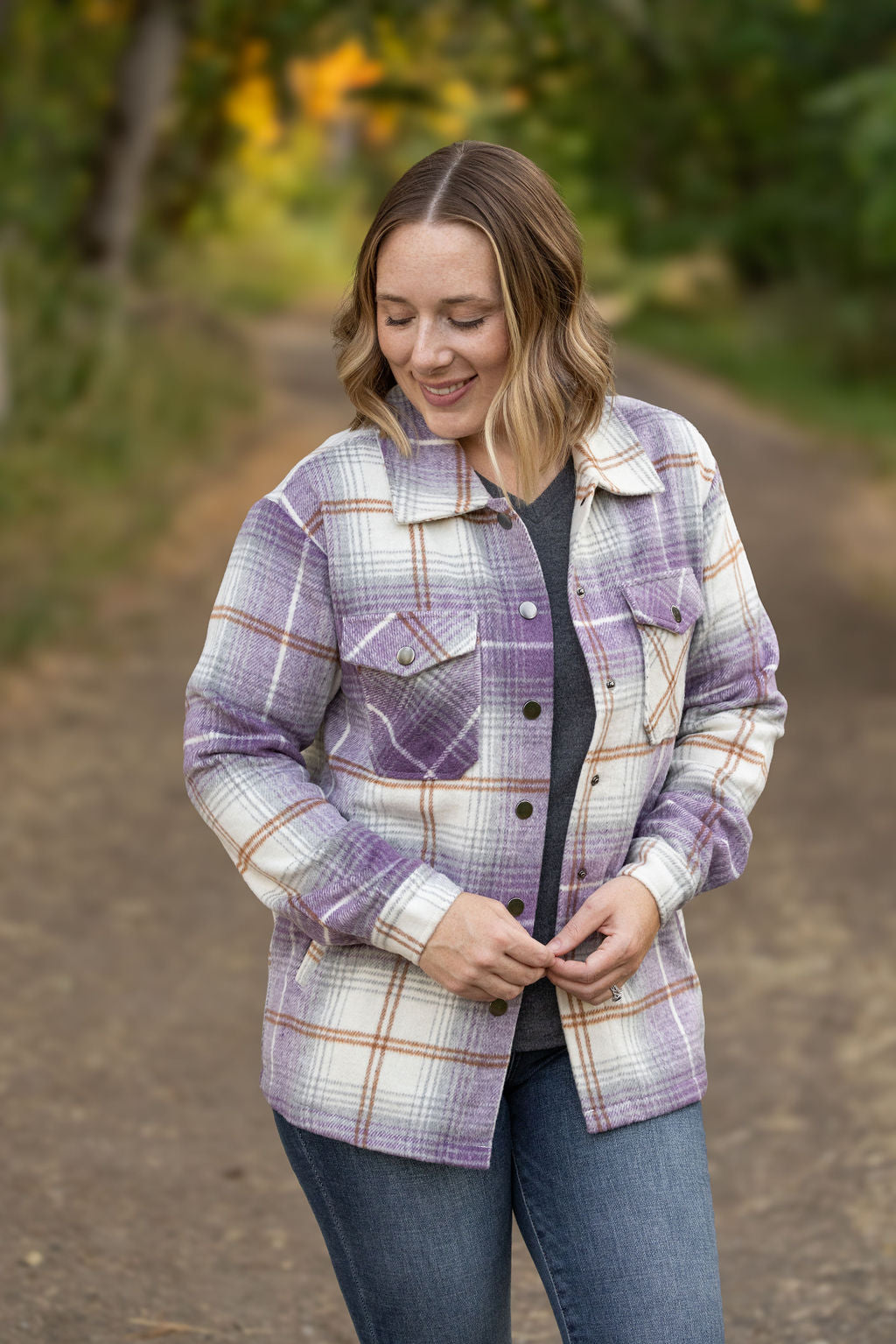 Michelle Mae Norah Plaid Shacket - Purple and Gold