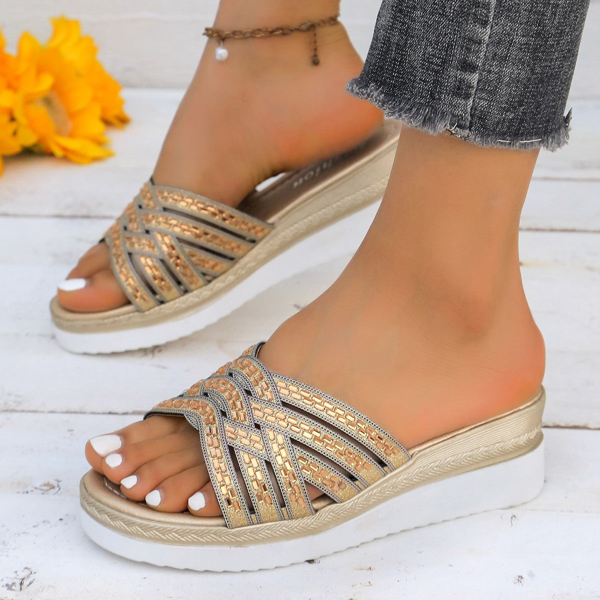 PREORDER- Rhinestone Open Toe Wedge Sandals