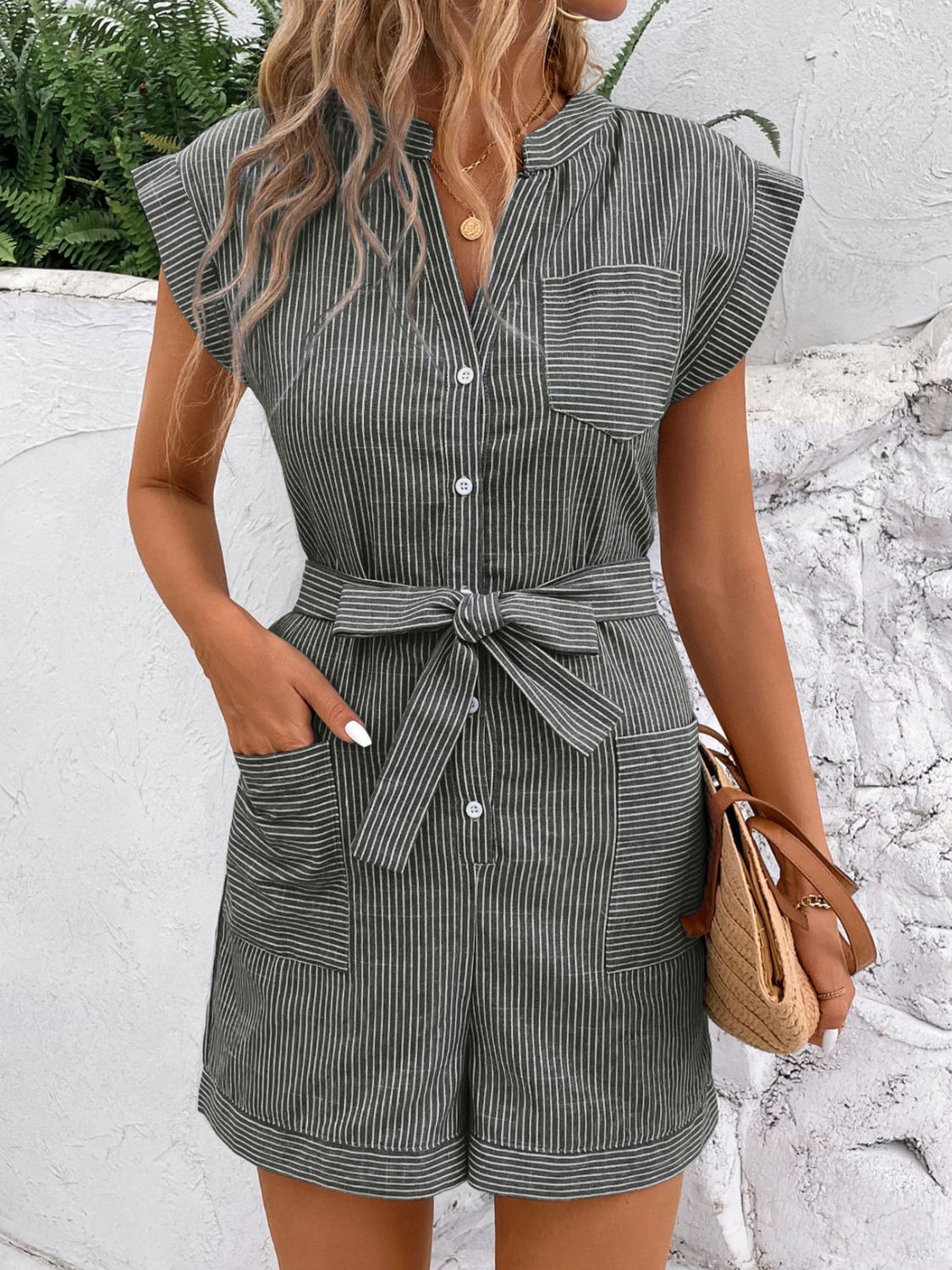 PREORDER- Striped Notched Tie Waist Romper