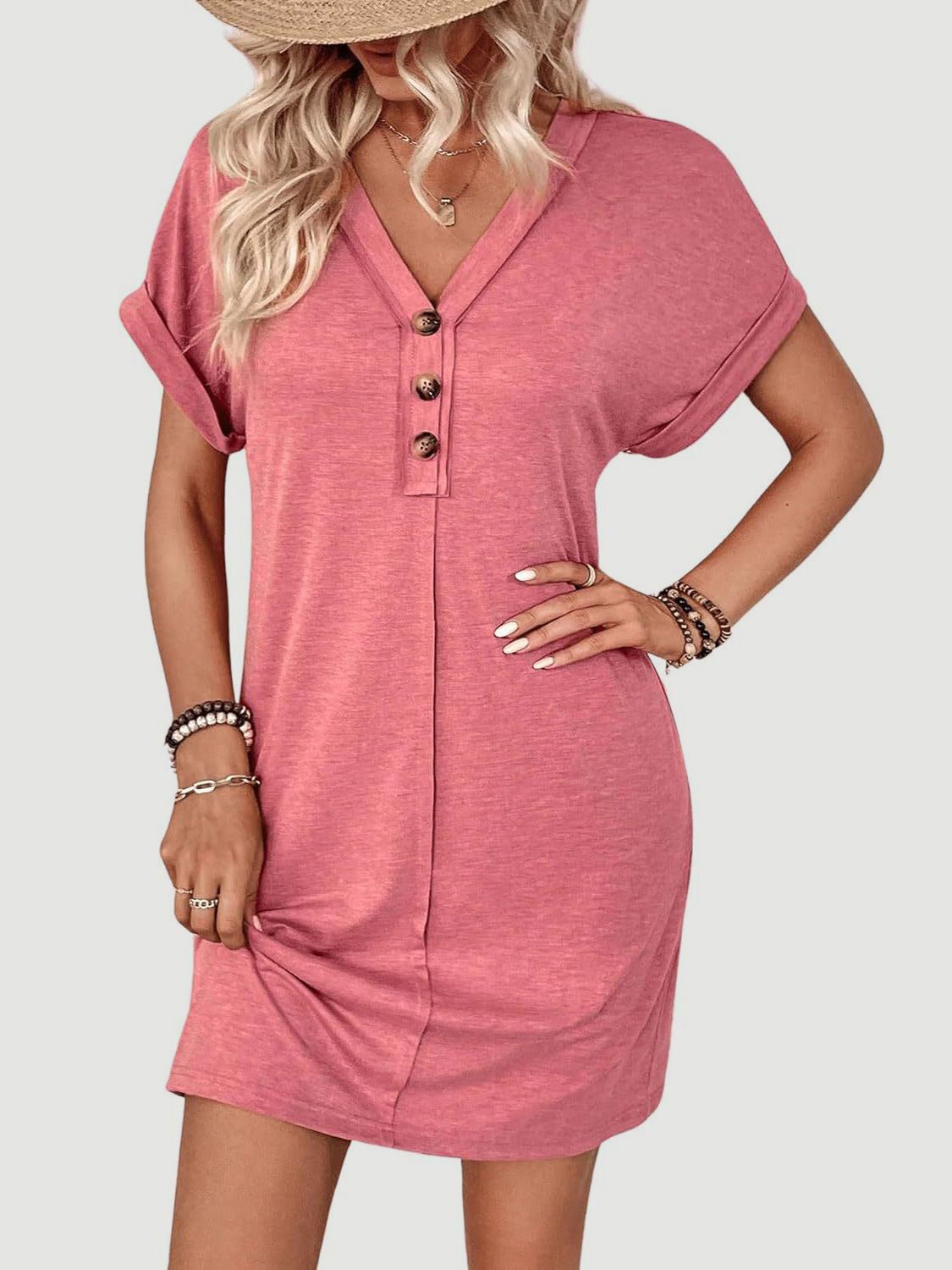 PREORDER- Quarter Button V-Neck Short Sleeve Dress