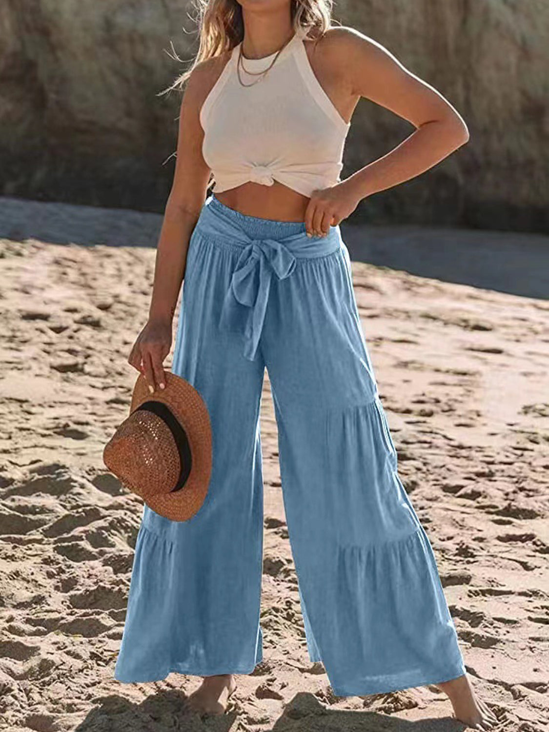 PREORDER- Tied Ruched Wide Leg Pants