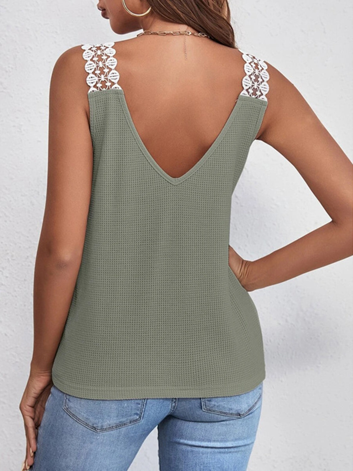 PREORDER- Lace Detail Waffle-Knit V-Neck Tank