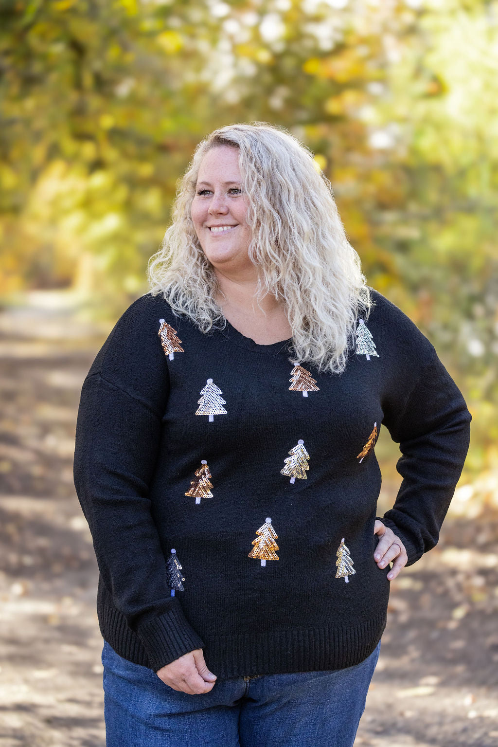 Michelle Mae Holly Jolly Sweater - Gold + Silver Trees