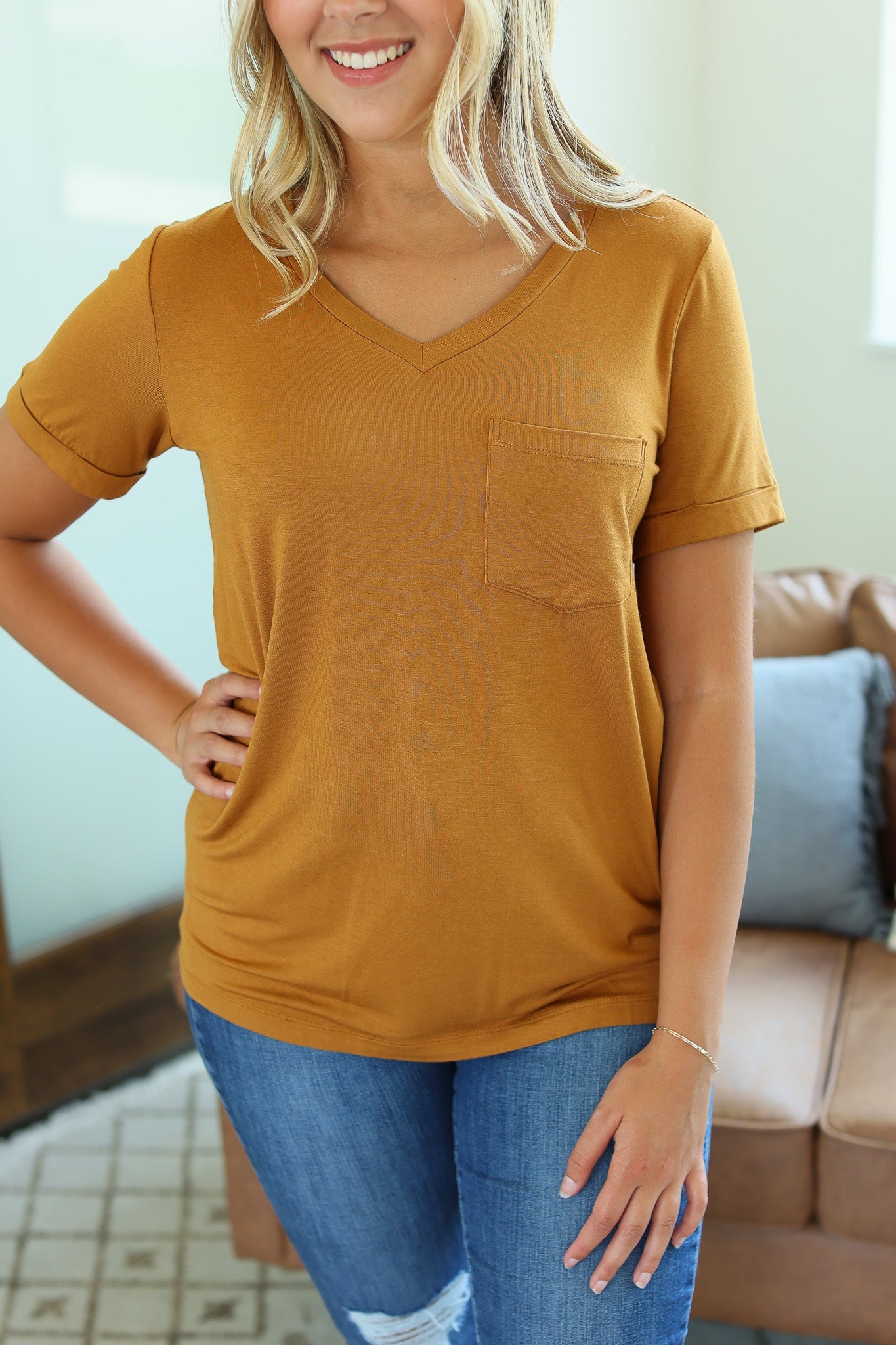 sophie pocket tee camel womens short sleeve