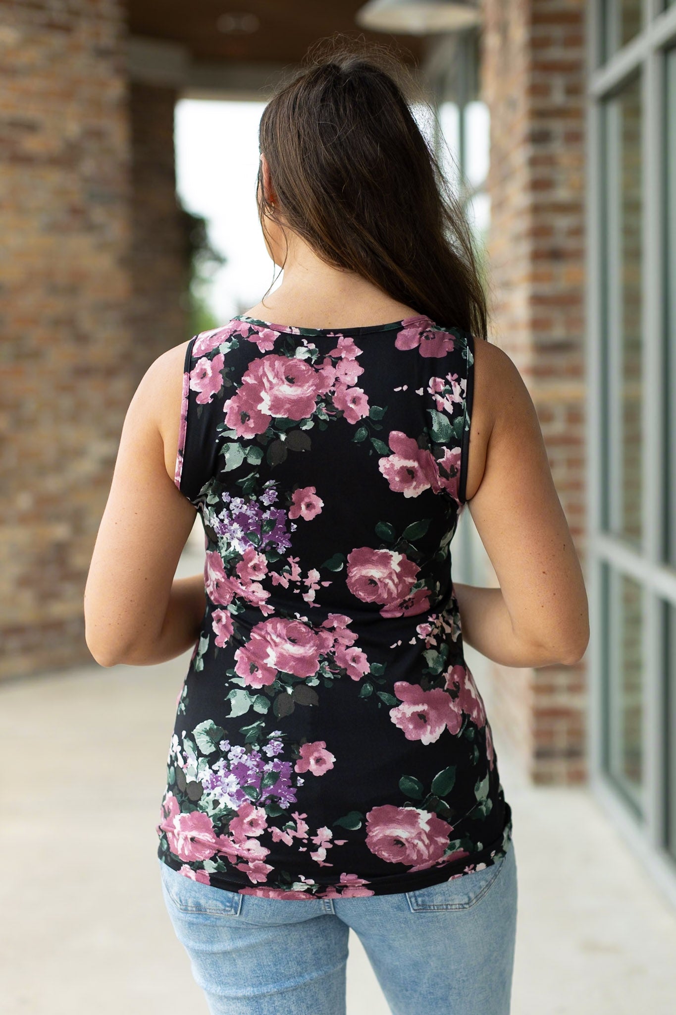 Michelle Mae Luxe Crew Tank - Black and Mauve Floral