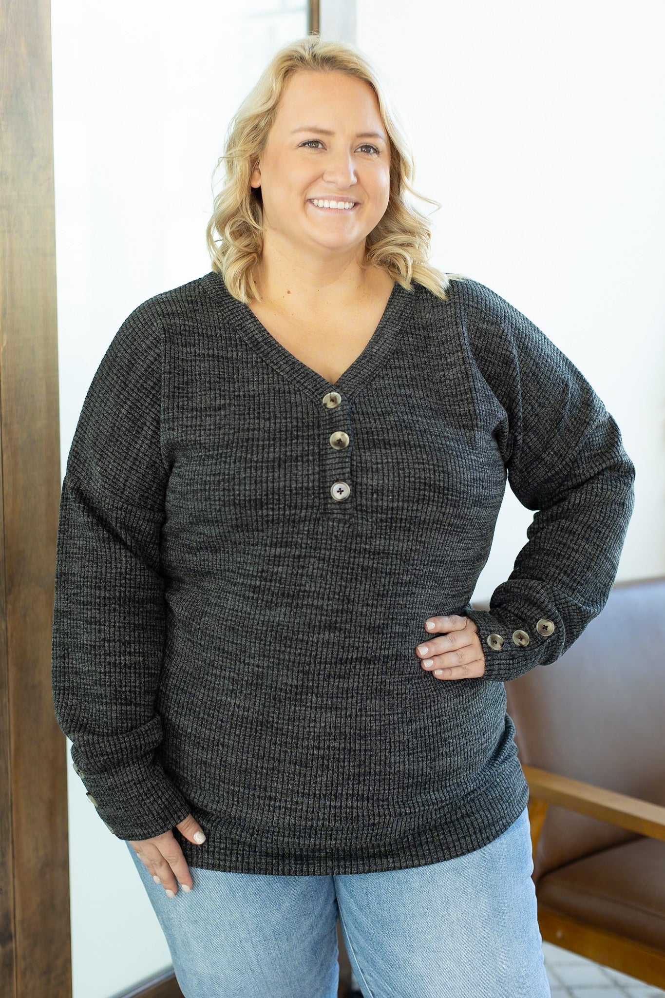 Michelle Mae Brittney Button Sweater - Charcoal