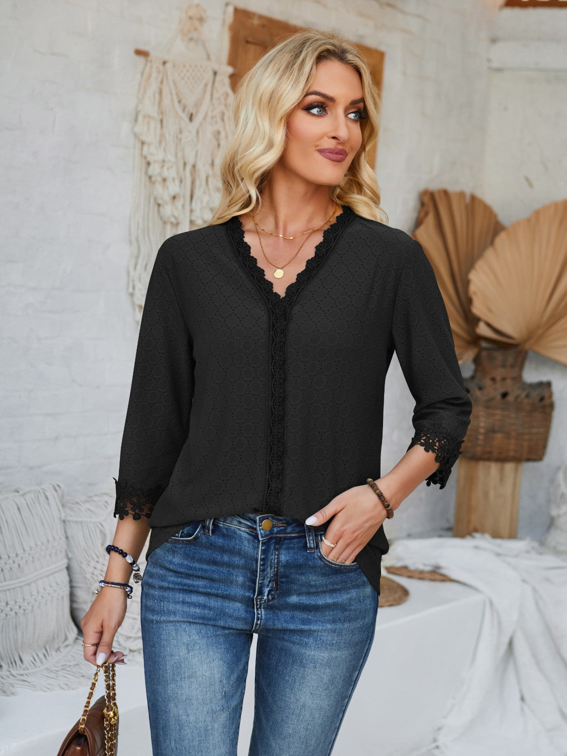 PREORDER- Lace Detail V-Neck Three-Quarter Sleeve Blouse