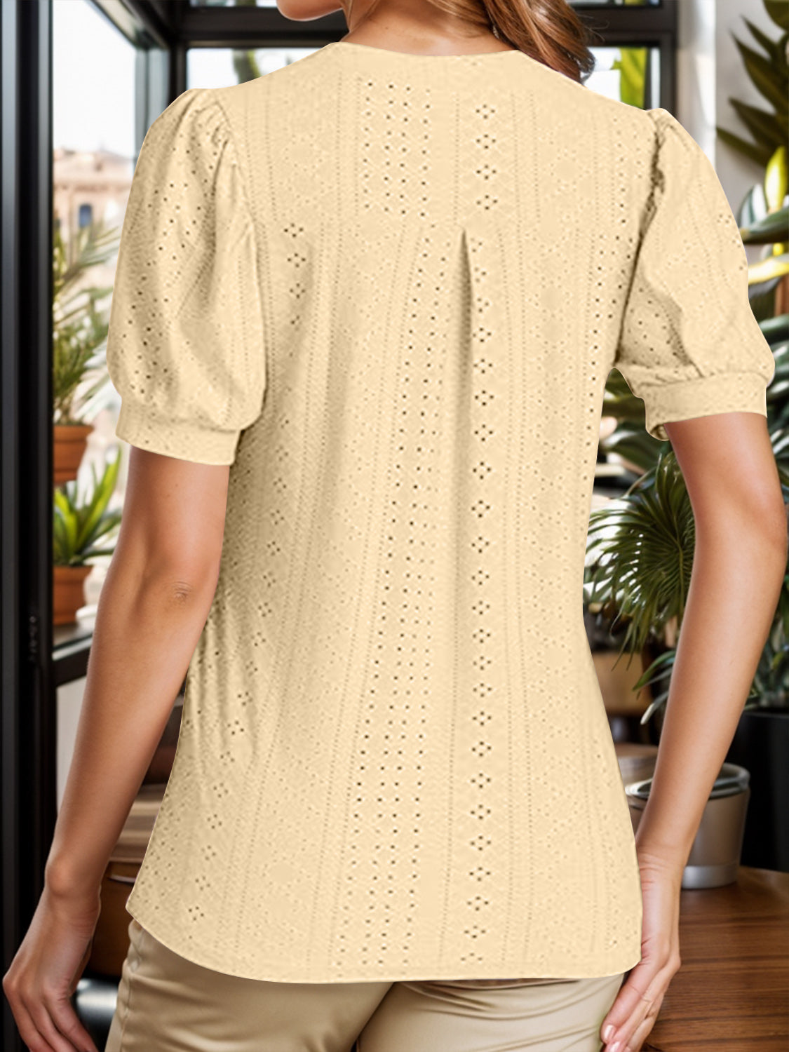 PREORDER- Eyelet Notched Short Sleeve Blouse