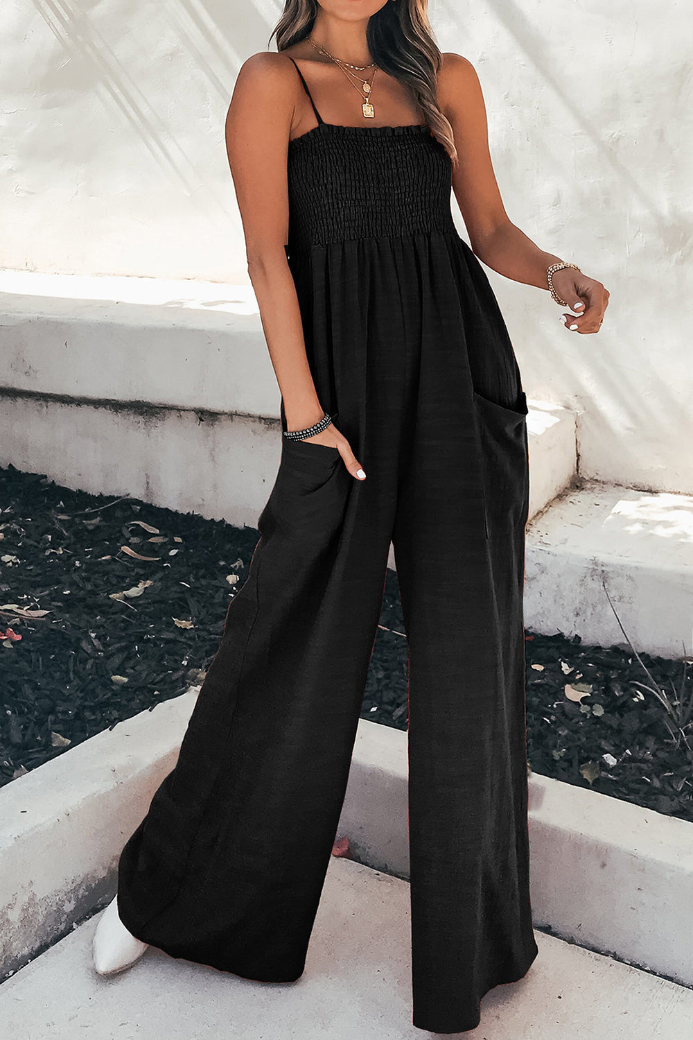 PREORDER- Smocked Spaghetti Strap Wide Leg Jumpsuit