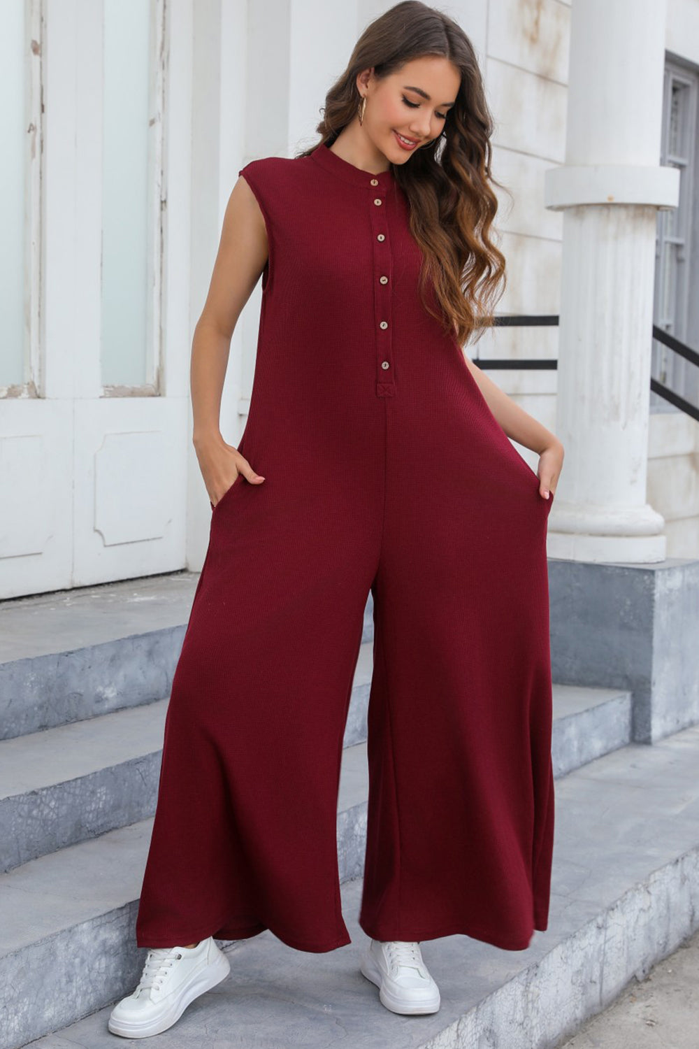 PREORDER- Half Button Wide Leg Jumpsuit with Pockets
