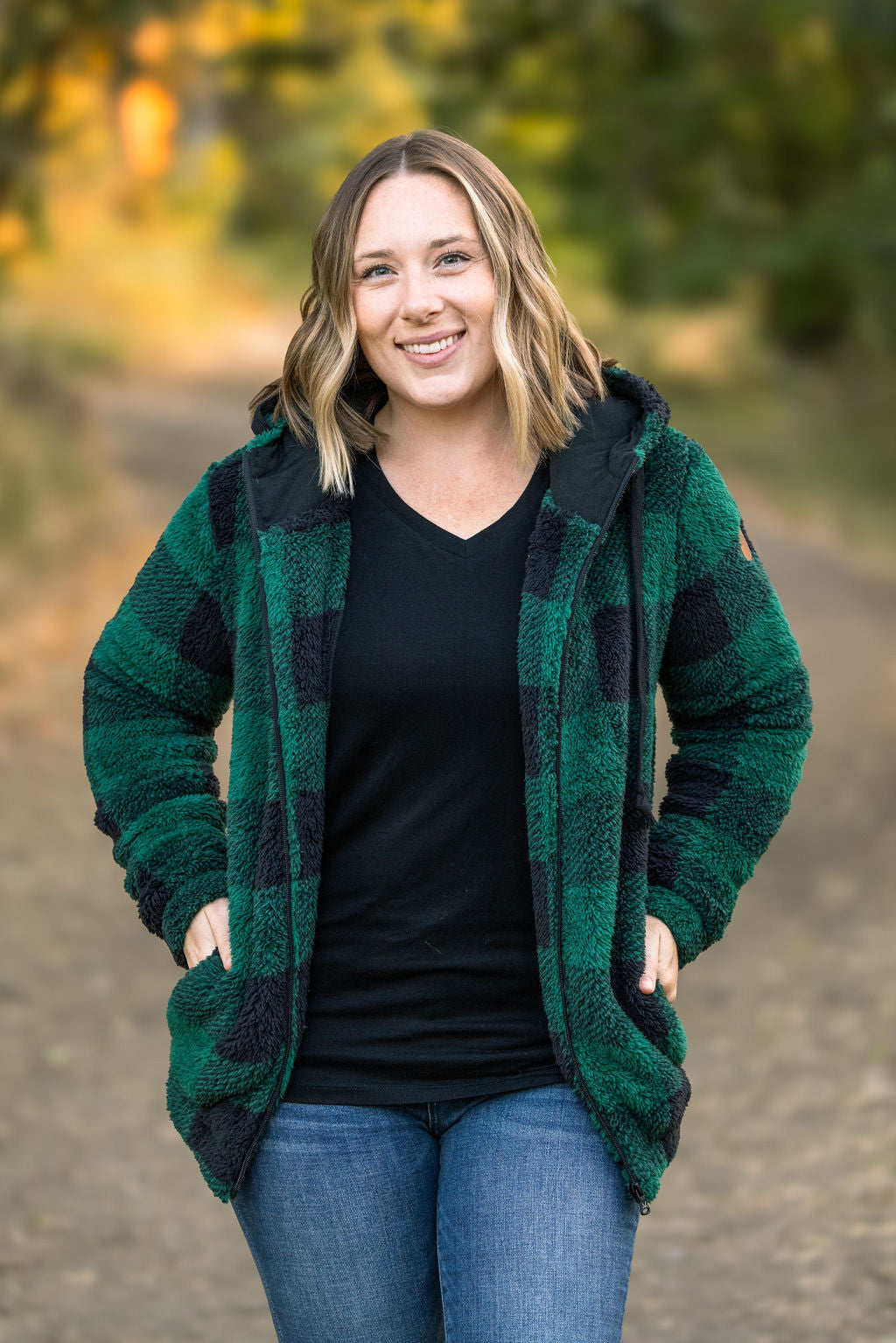 Michelle Mae Sherpa Fullzip Hoodie - Green Plaid