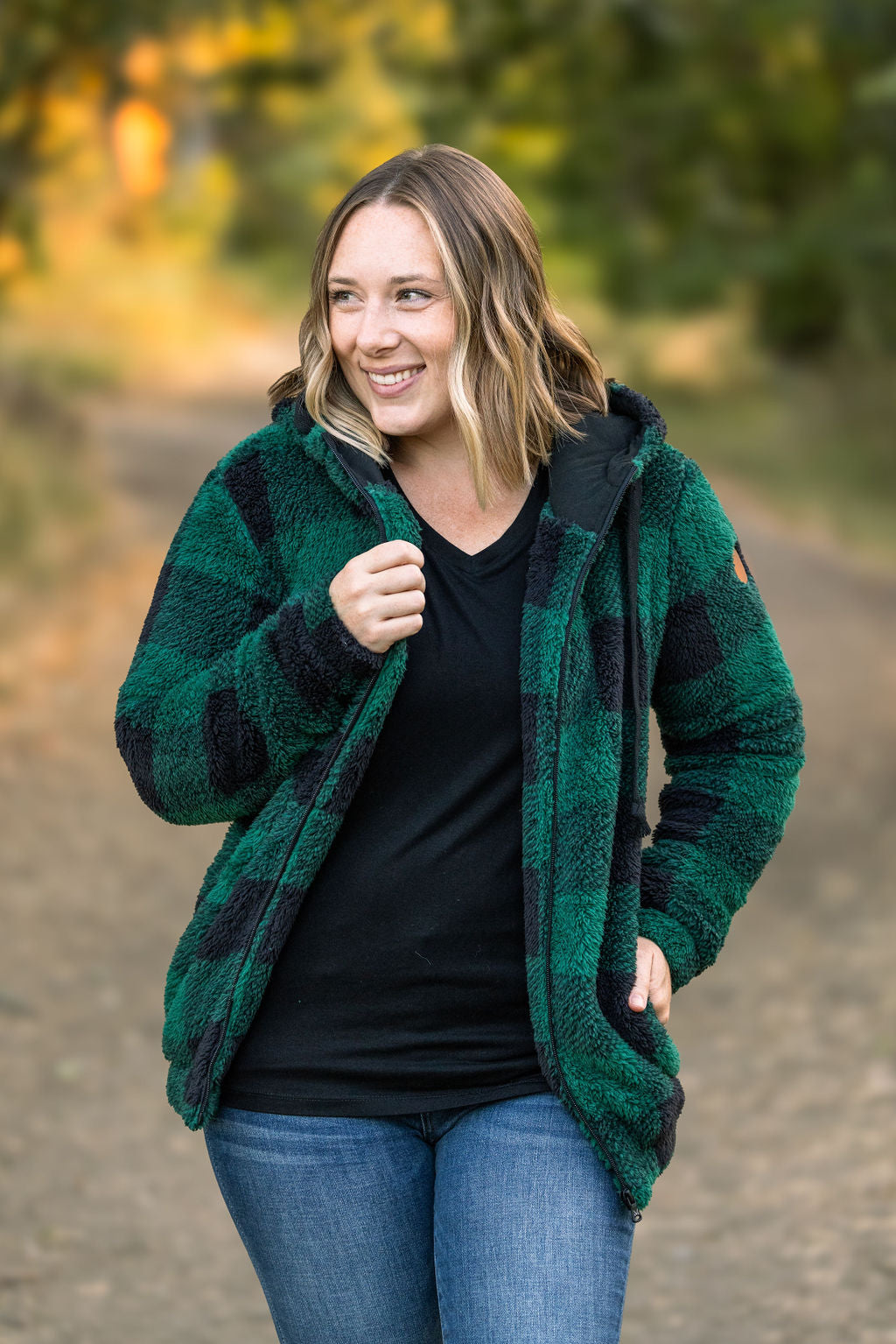 Michelle Mae Sherpa Fullzip Hoodie - Green Plaid