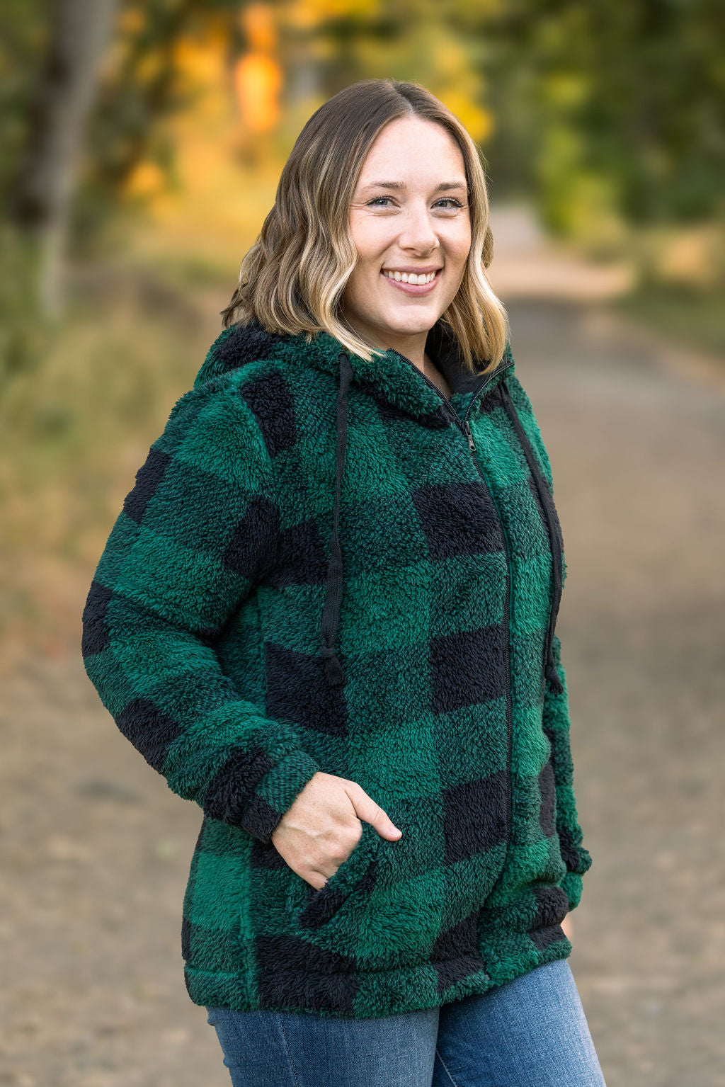 Michelle Mae Sherpa Fullzip Hoodie - Green Plaid