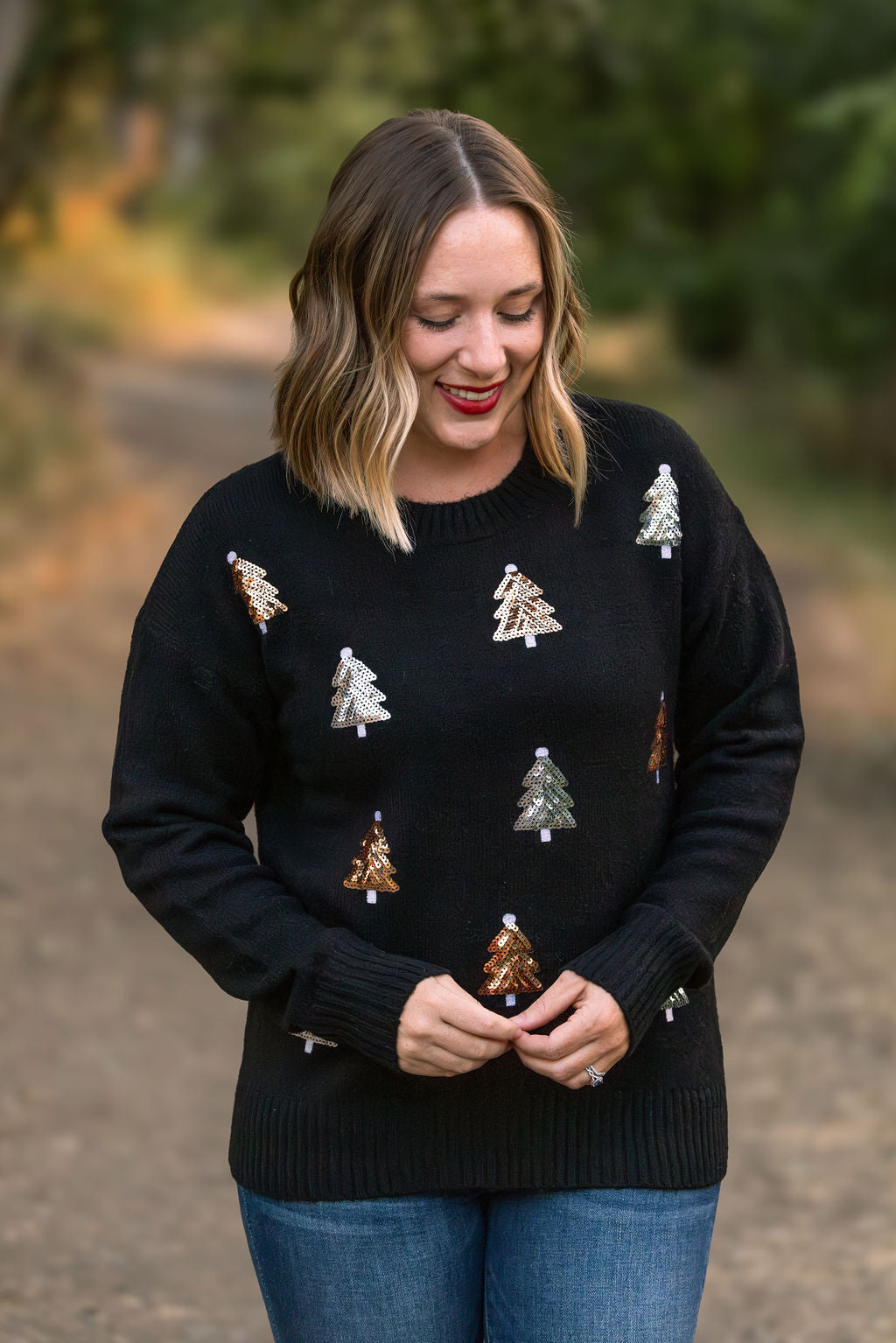 Michelle Mae Holly Jolly Sweater - Gold + Silver Trees