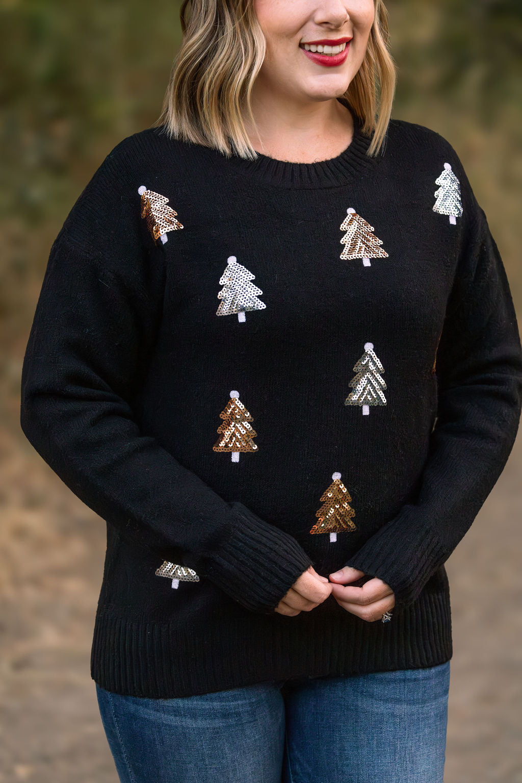 Michelle Mae Holly Jolly Sweater - Gold + Silver Trees