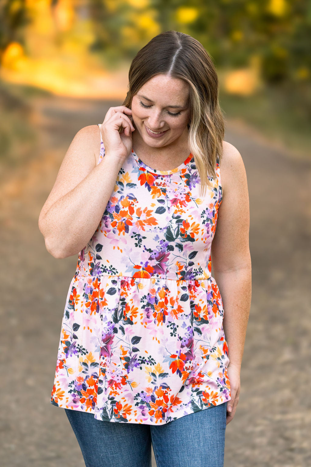 Michelle Mae Renee Ruffle Tank - Floral Leaves