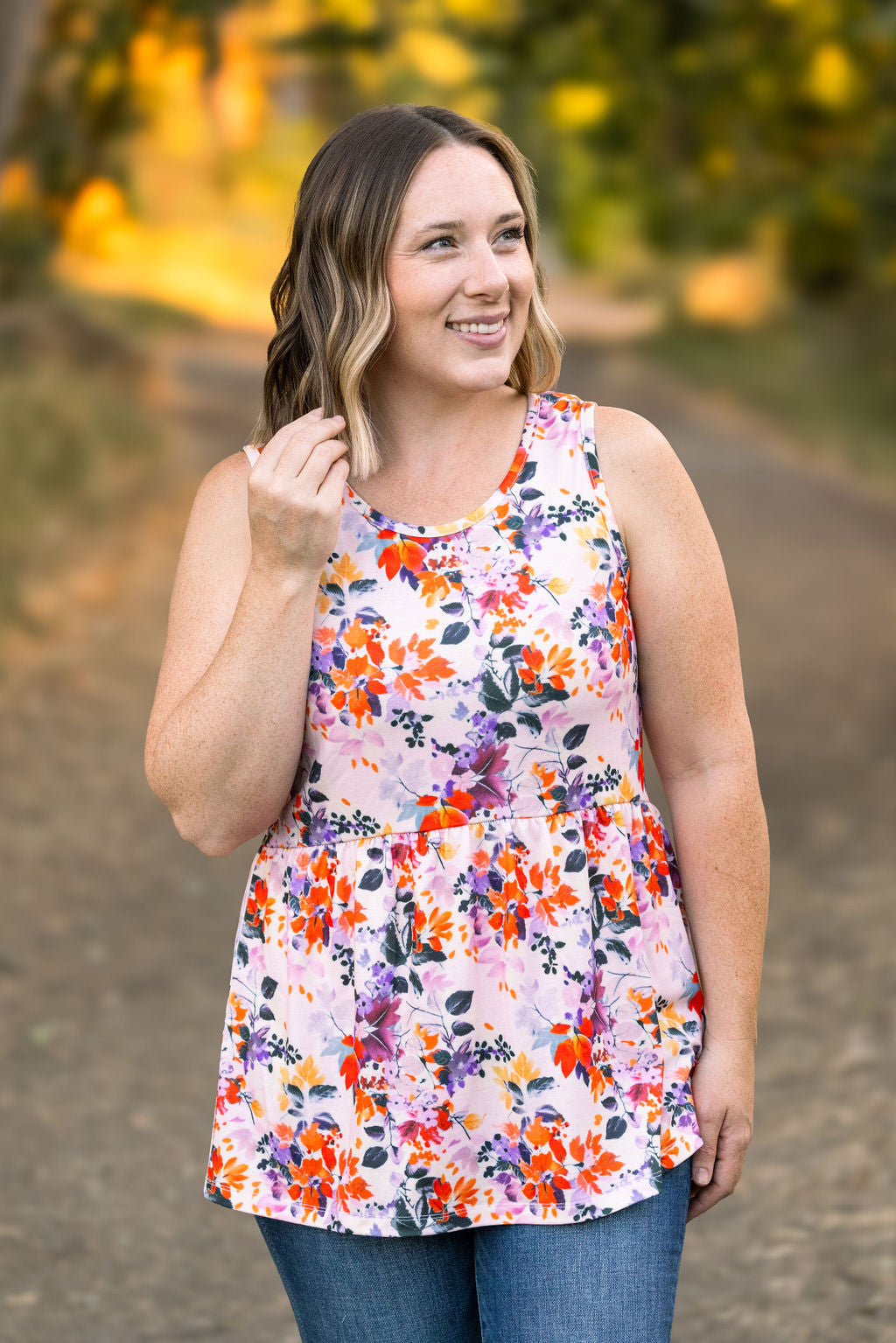 Michelle Mae Renee Ruffle Tank - Floral Leaves