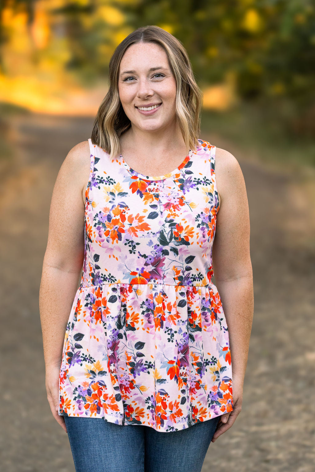 Michelle Mae Renee Ruffle Tank - Floral Leaves