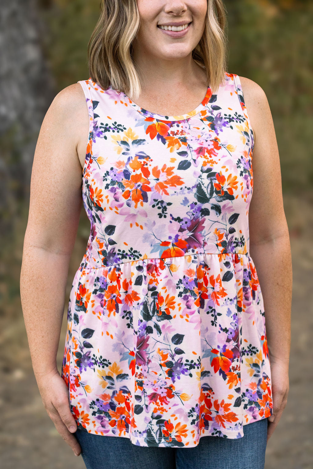 Michelle Mae Renee Ruffle Tank - Floral Leaves