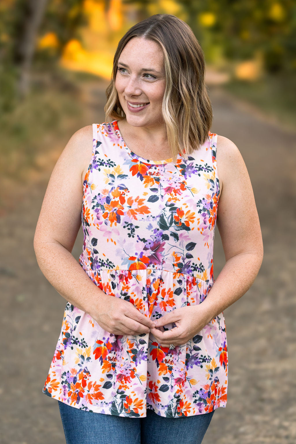 Michelle Mae Renee Ruffle Tank - Floral Leaves