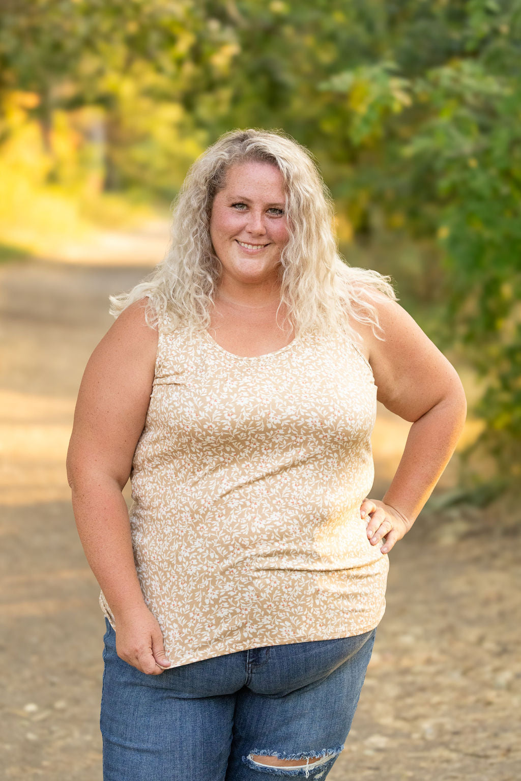 Michelle Mae Luxe Crew Tank - Tan Floral