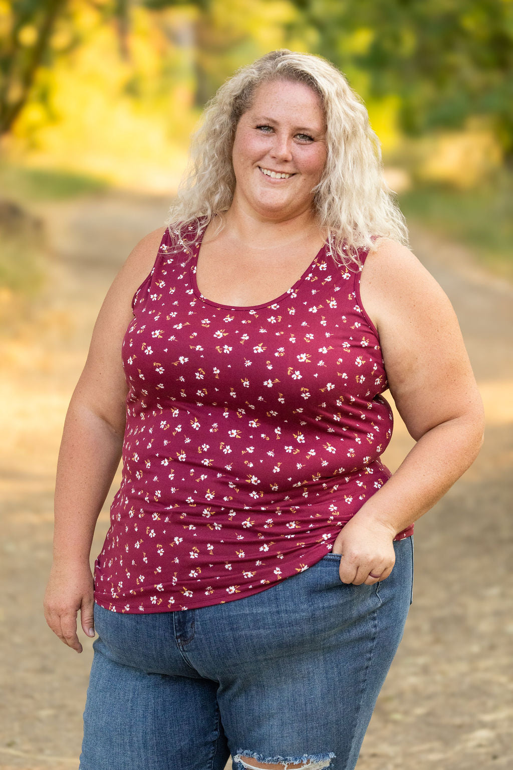 Michelle Mae Luxe Crew Tank - Micro Burgundy Floral