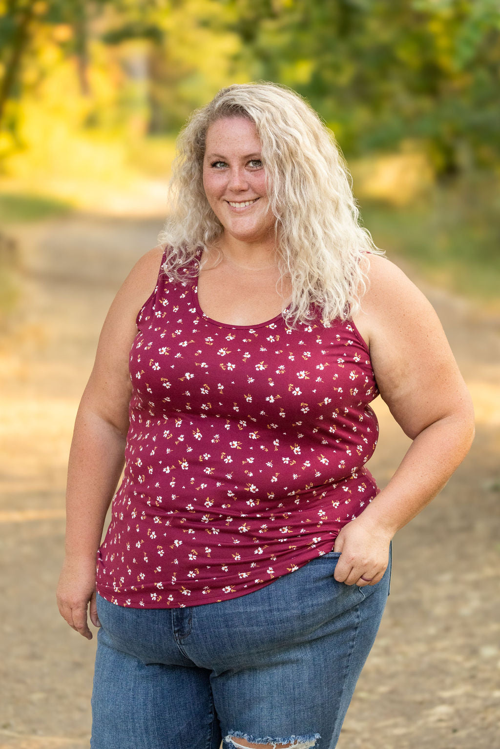 Michelle Mae Luxe Crew Tank - Micro Burgundy Floral