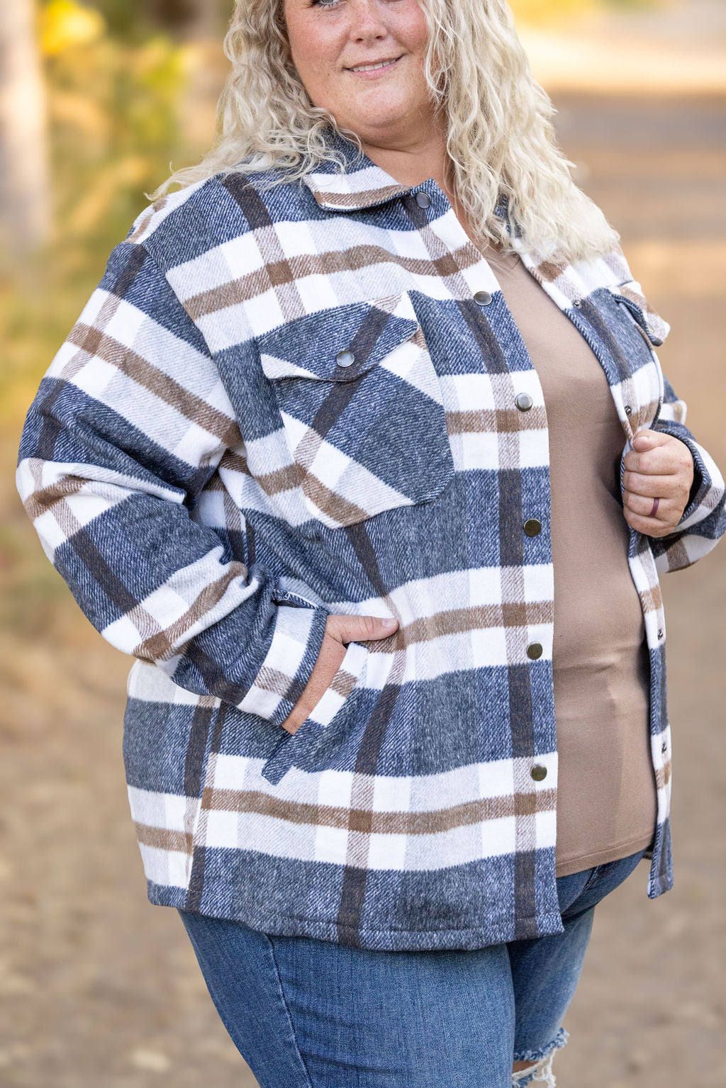 Michelle Mae Norah Plaid Shacket - Navy and Tan