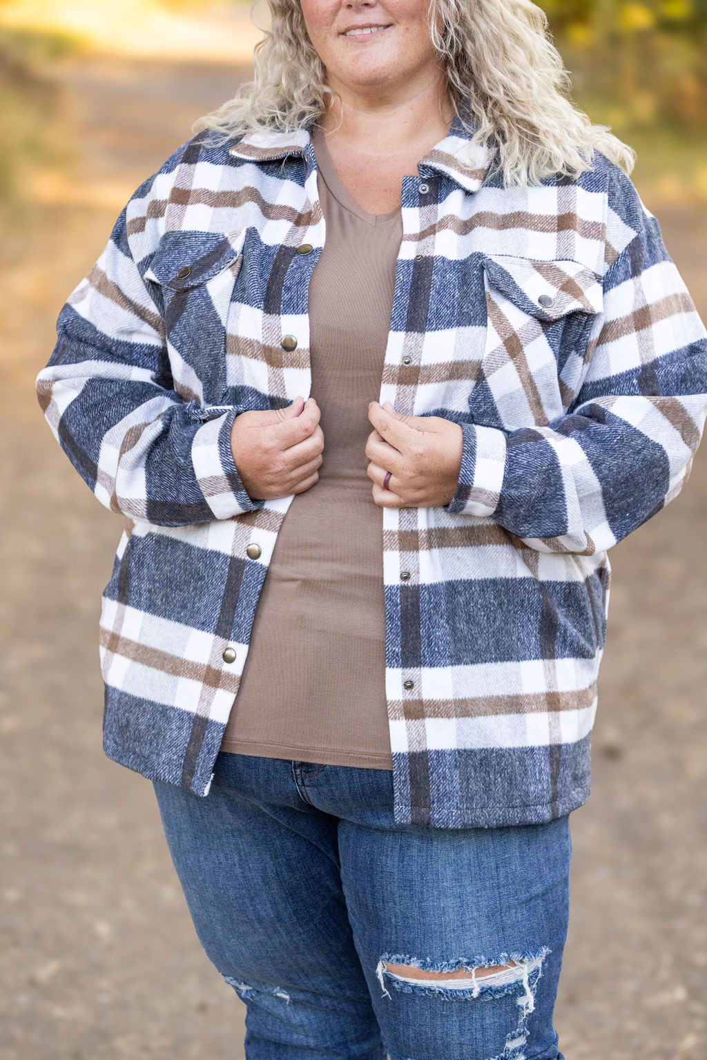 Michelle Mae Norah Plaid Shacket - Navy and Tan