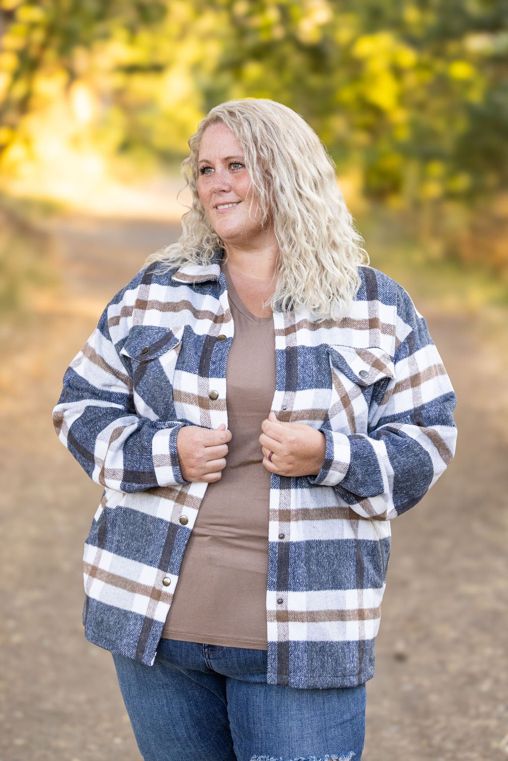 Michelle Mae Norah Plaid Shacket - Navy and Tan