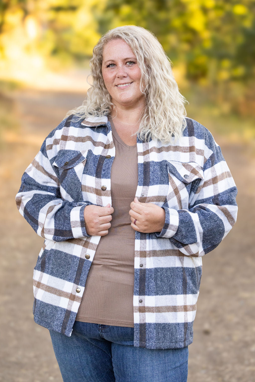 Michelle Mae Norah Plaid Shacket - Navy and Tan