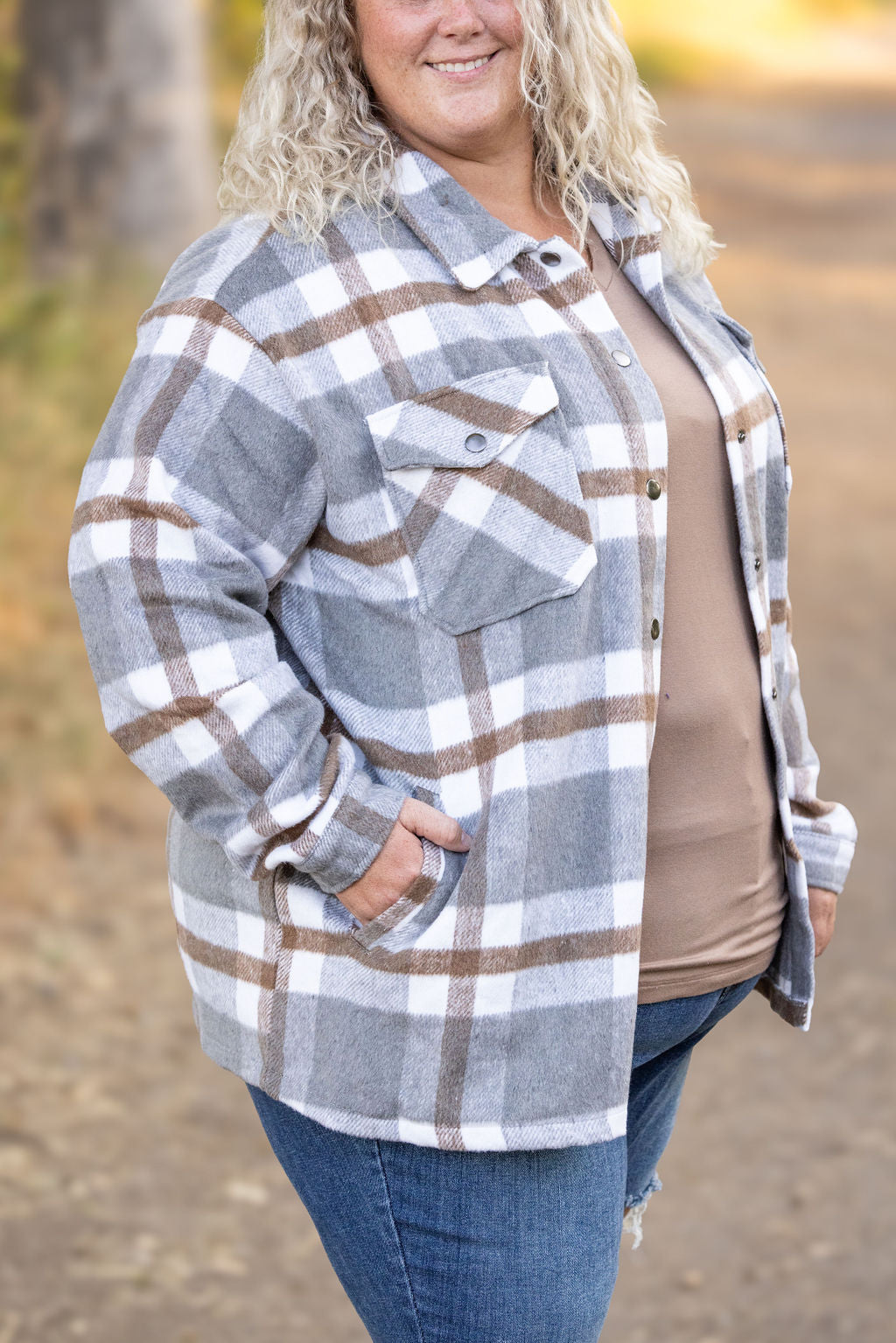 Michelle Mae Norah Plaid Shacket - Grey and Tan