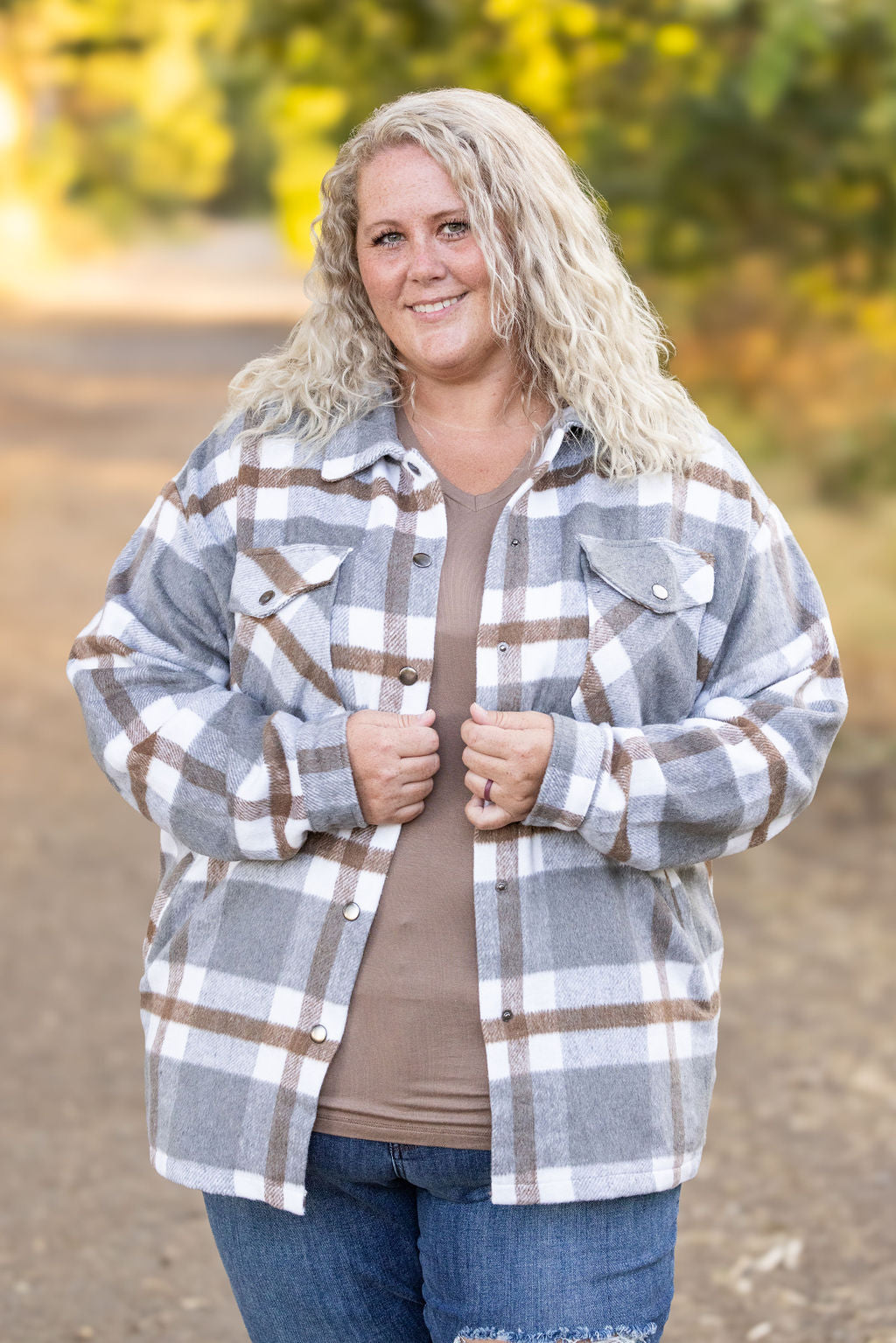 Michelle Mae Norah Plaid Shacket - Grey and Tan