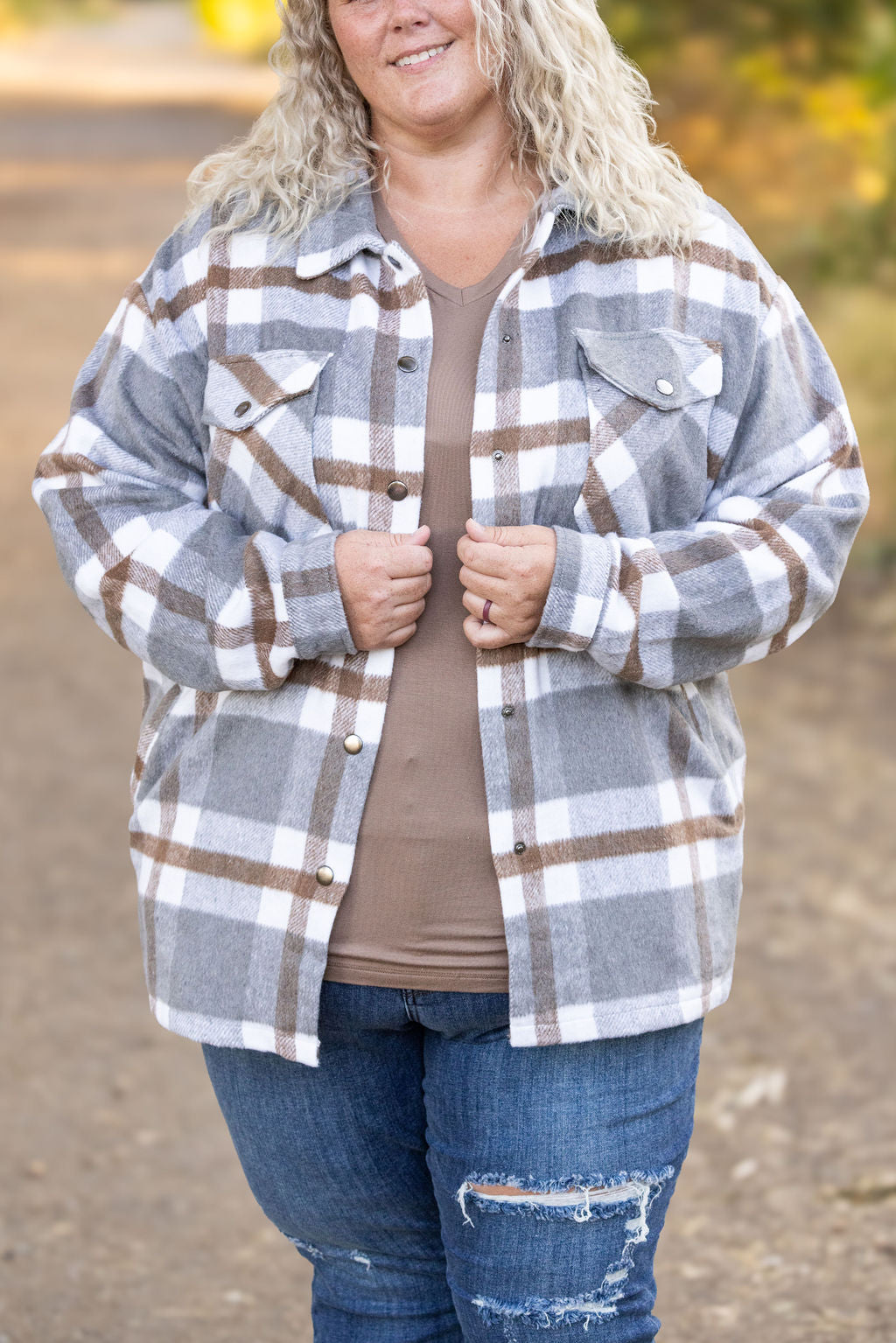 Michelle Mae Norah Plaid Shacket - Grey and Tan