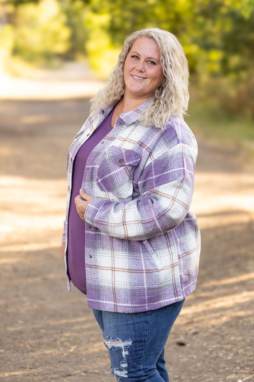 Michelle Mae Norah Plaid Shacket - Purple and Gold