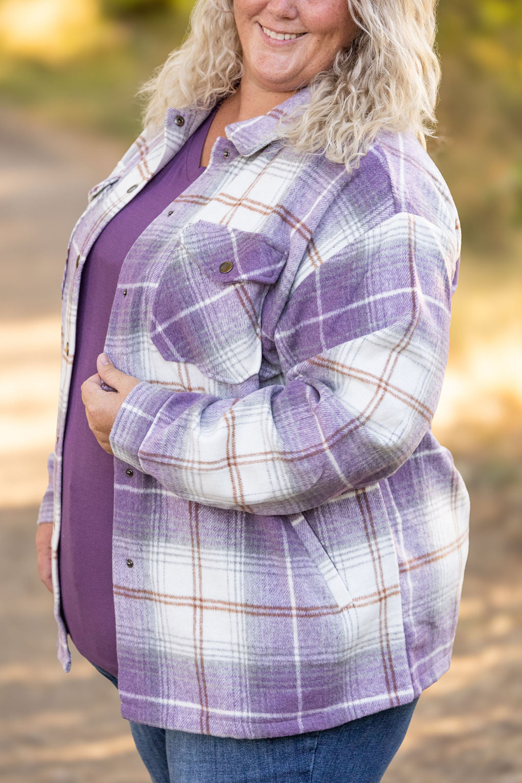 Michelle Mae Norah Plaid Shacket - Purple and Gold