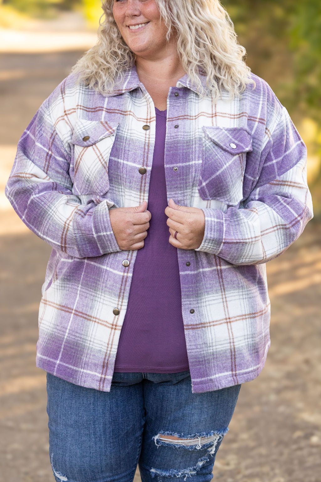 Michelle Mae Norah Plaid Shacket - Purple and Gold