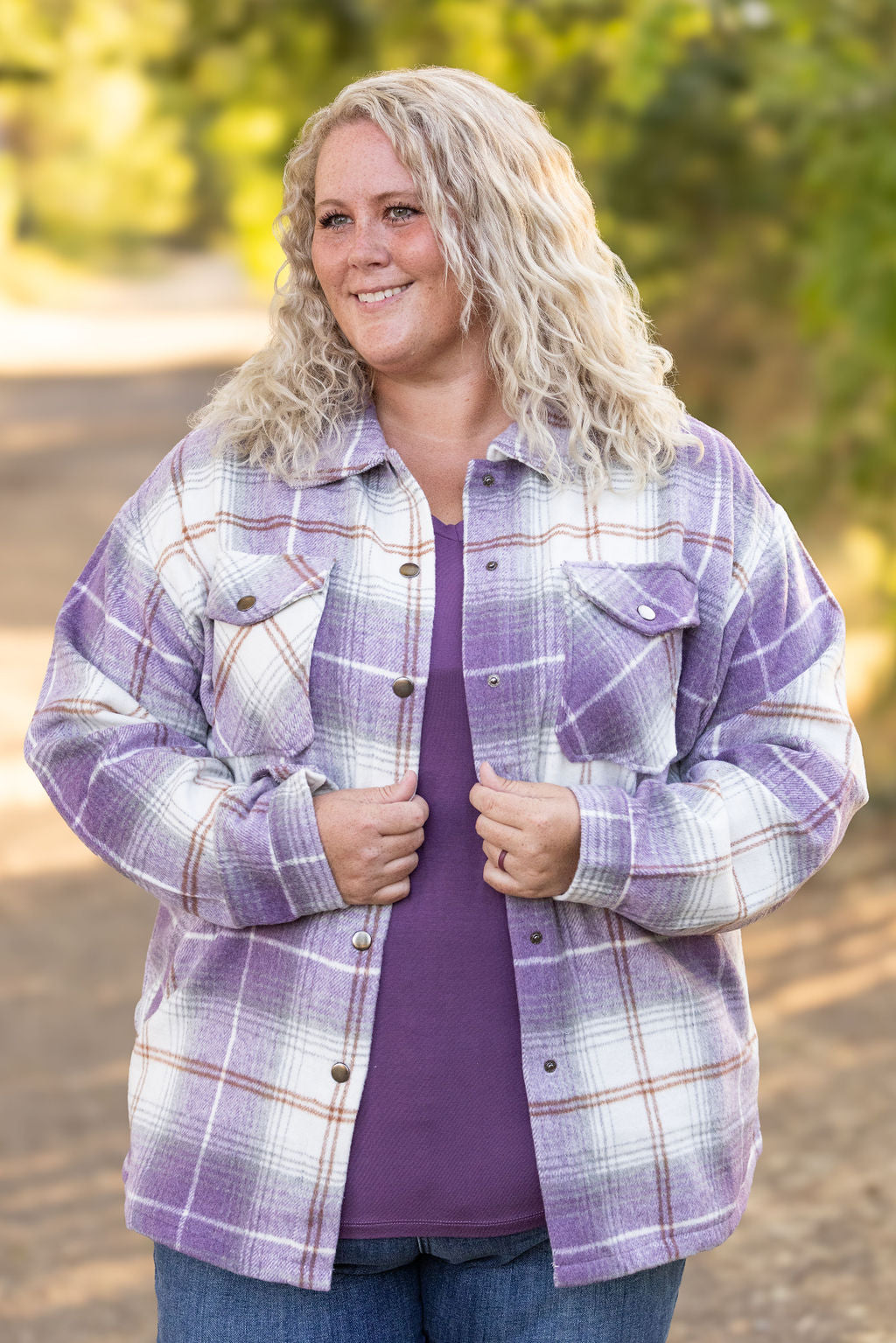 Michelle Mae Norah Plaid Shacket - Purple and Gold