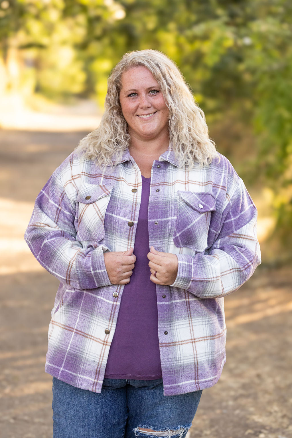 Michelle Mae Norah Plaid Shacket - Purple and Gold