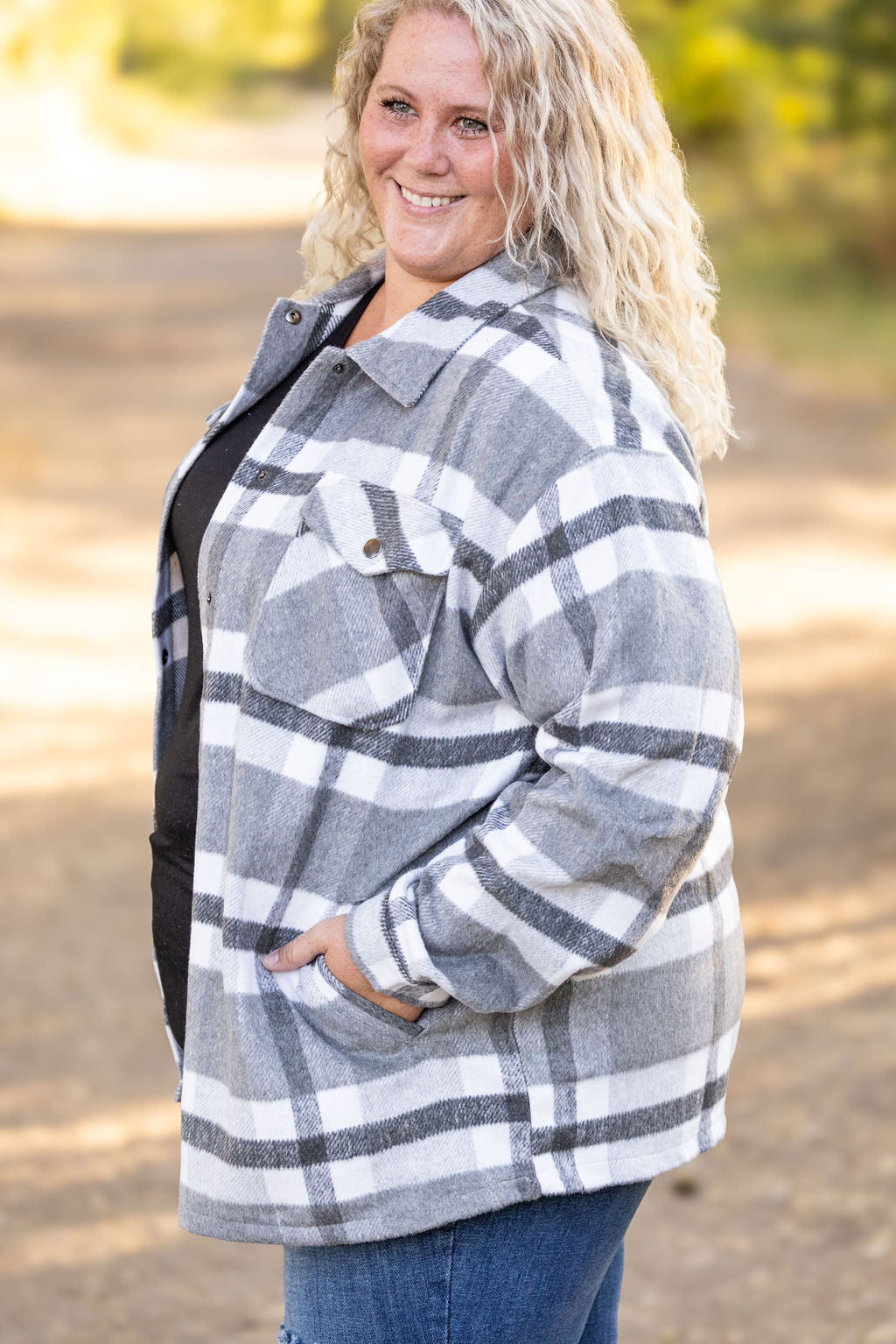 Michelle Mae Norah Plaid Shacket - Classic Grey and White