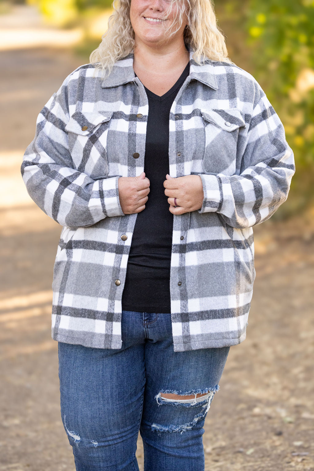 Michelle Mae Norah Plaid Shacket - Classic Grey and White