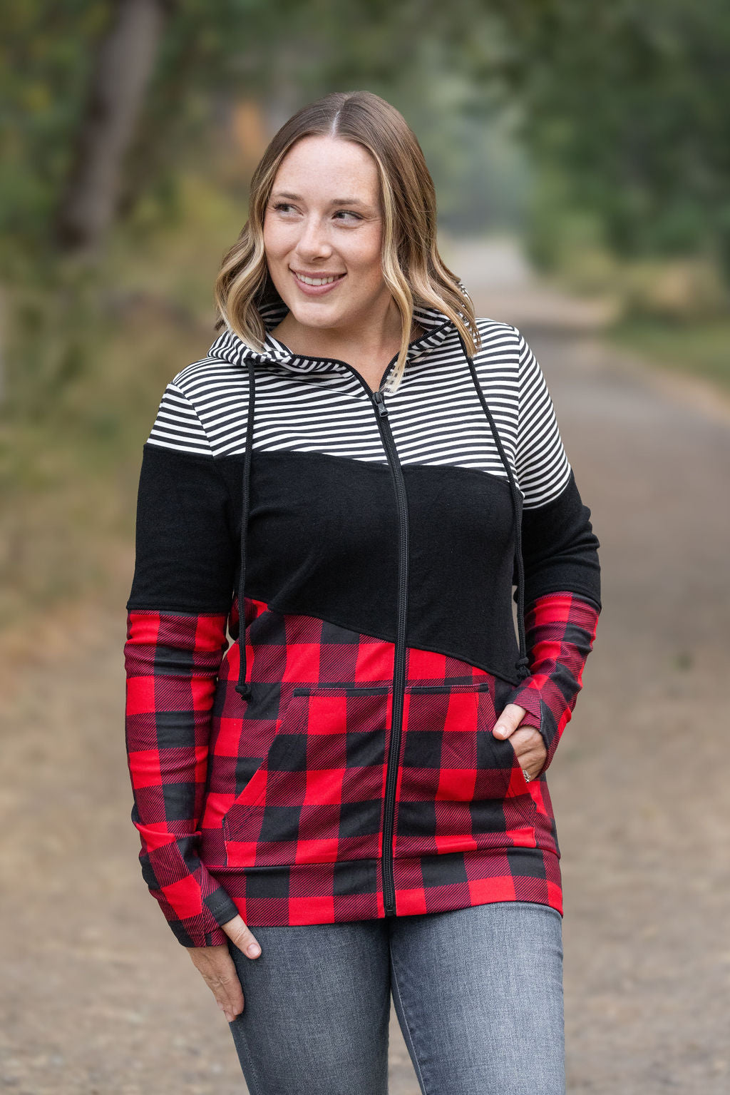 Michelle Mae Colorblock Fullzip - Plaid and Stripes