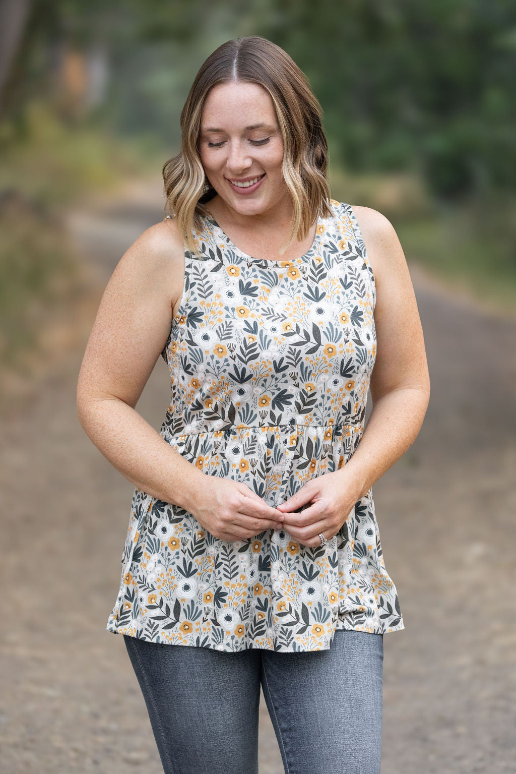 Michelle Mae Renee Ruffle Tank - Boho Olive Floral