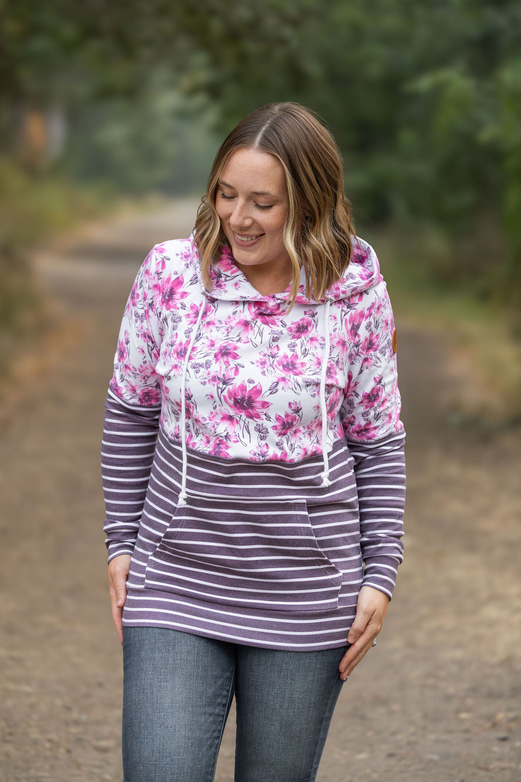 Michelle Mae Hailey Pullover Hoodie - Pink Floral and Stripes