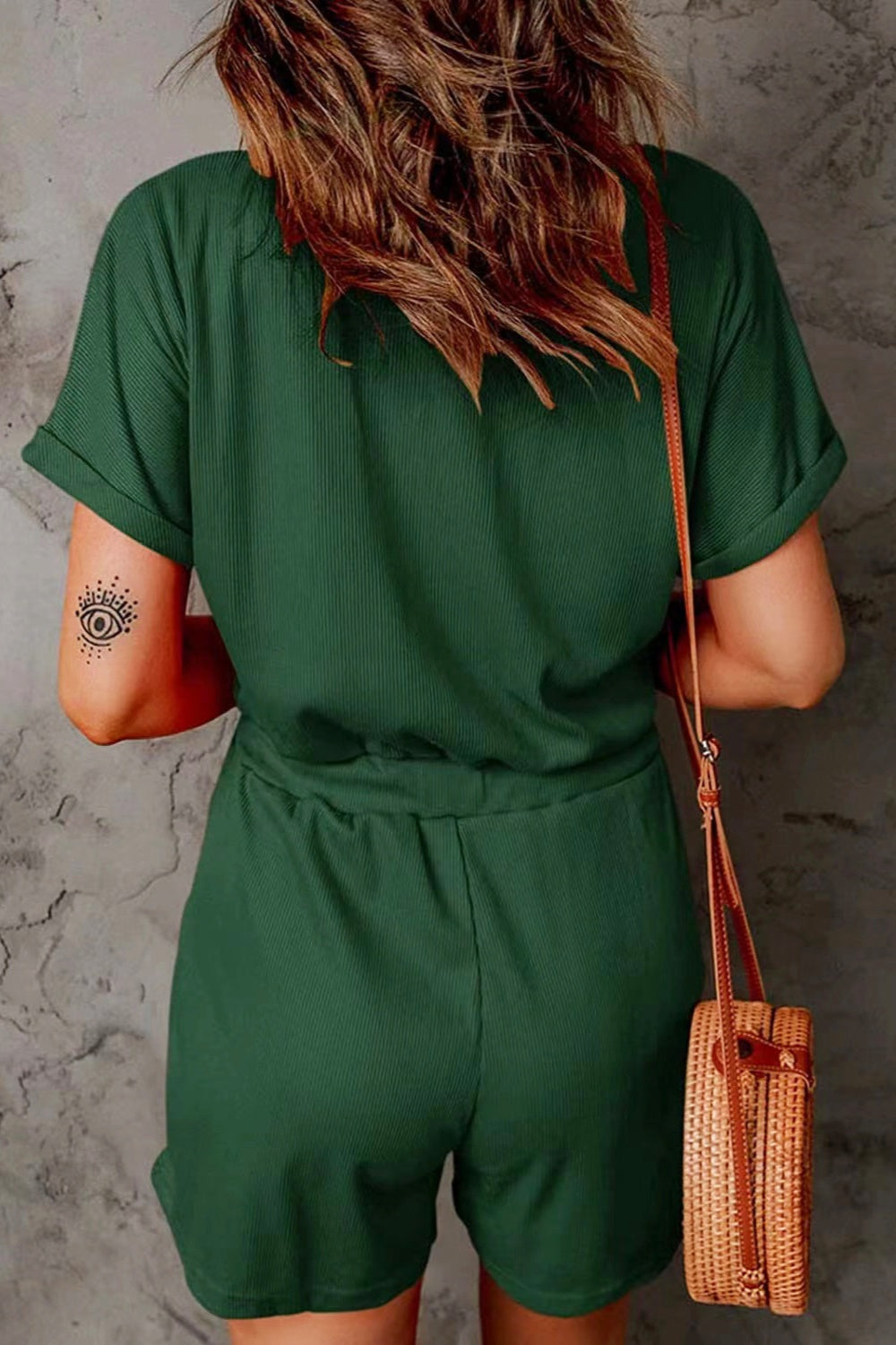 PREORDER- Full Size Drawstring V-Neck Short Sleeve Romper