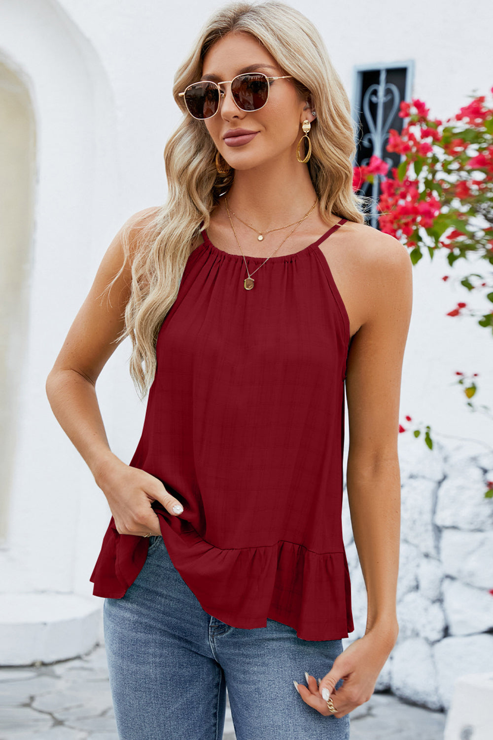 PREORDER- Tied Ruffled Round Neck Cami