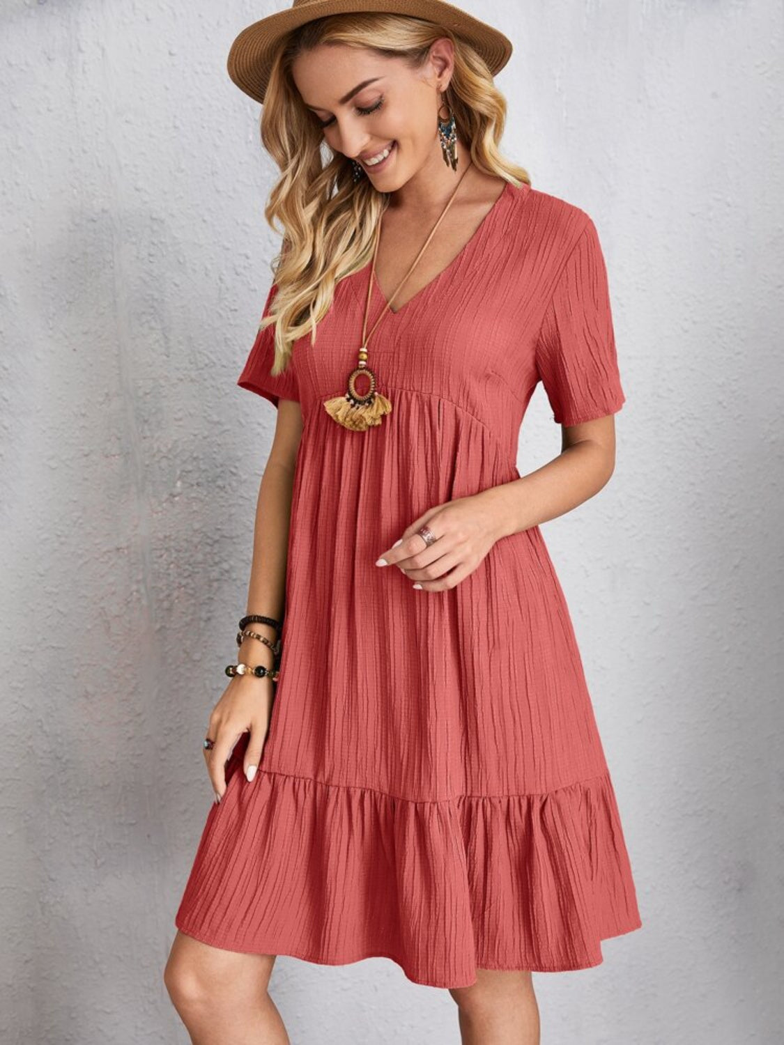 PREORDER- Full Size V-Neck Short Sleeve Dress