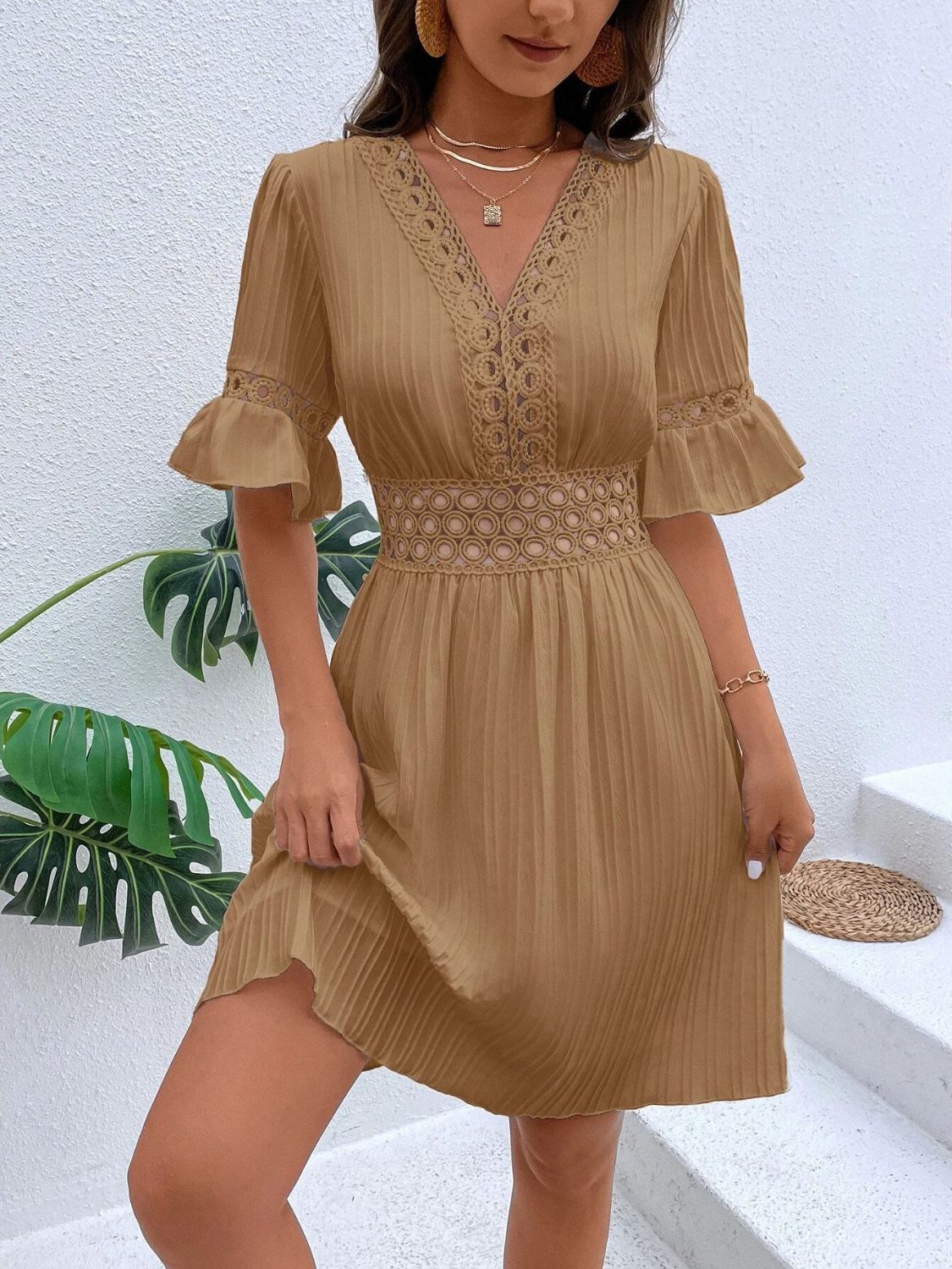 PREORDER- Cutout V-Neck Flounce Sleeve Mini Dress